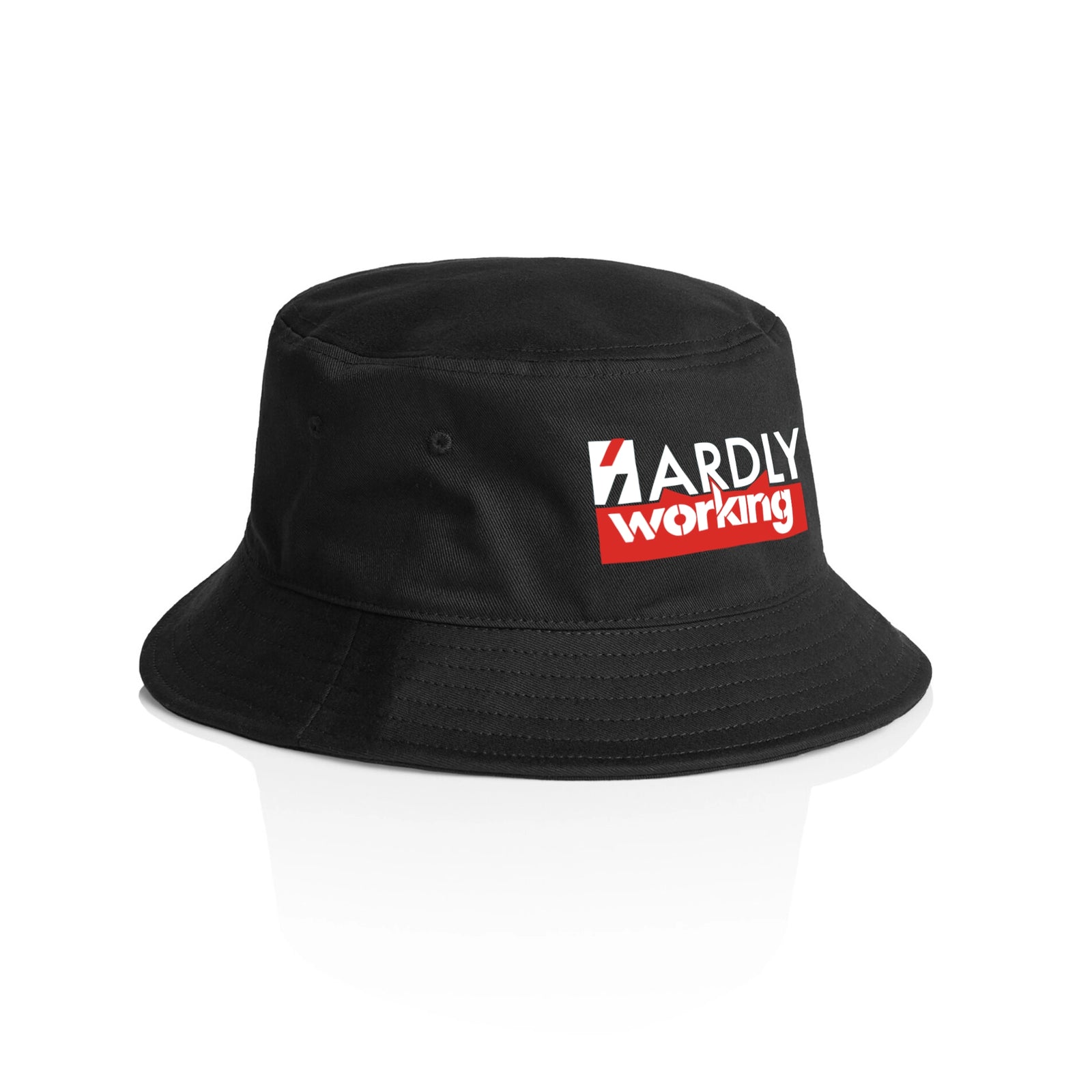 Black bucket hat with Hardly Working Hat graphic by Lonely Kids Club