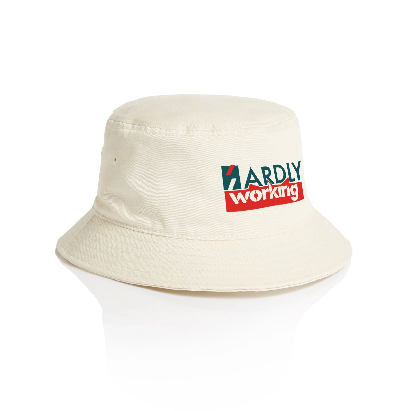 Ecru bucket hat with Hardly Working Hat graphic by Lonely Kids Club