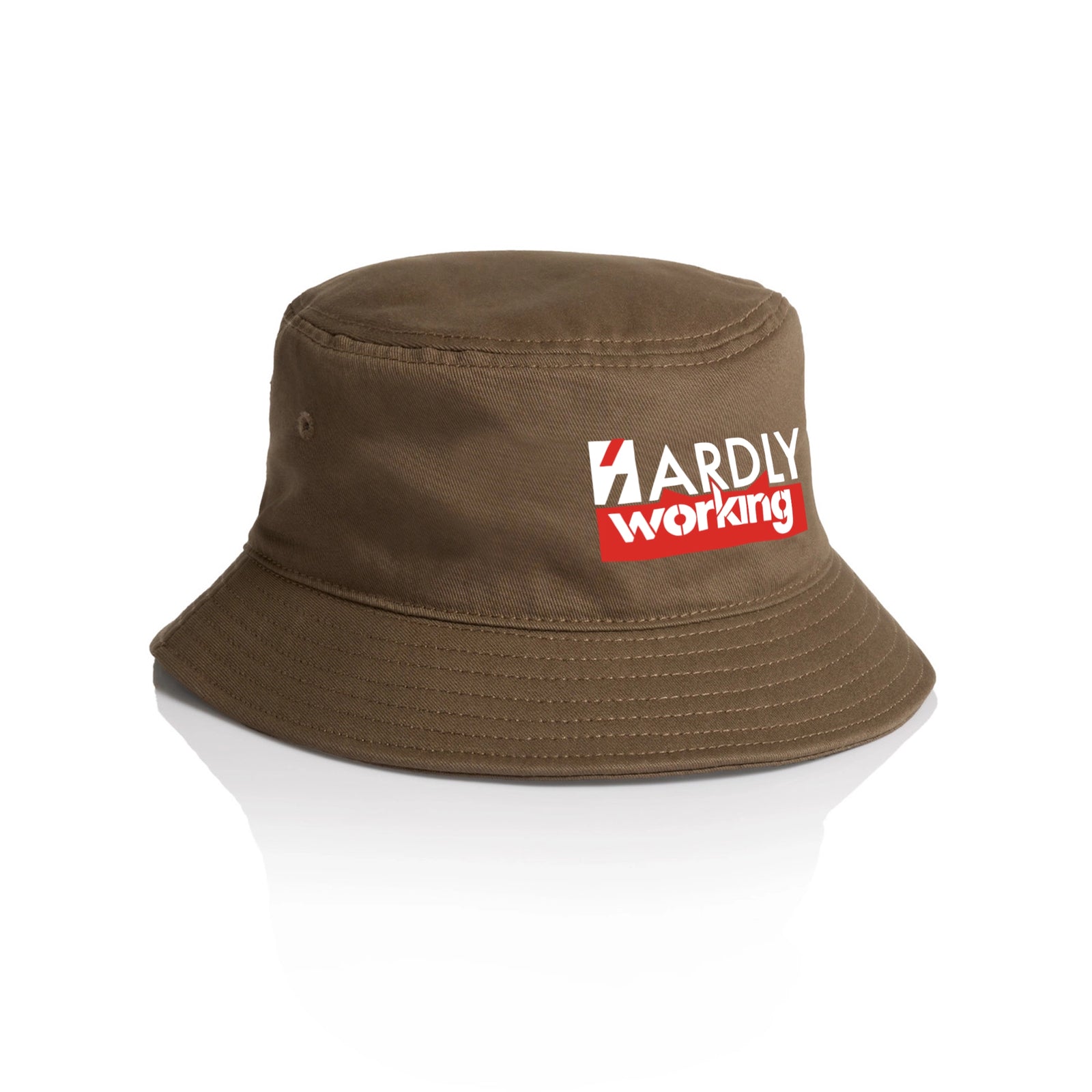 Walnut bucket hat with Hardly Working Hat graphic by Lonely Kids Club