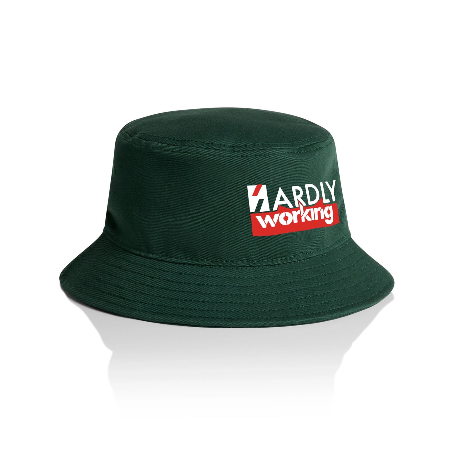 Forest Green bucket hat with Hardly Working Hat graphic by Lonely Kids Club