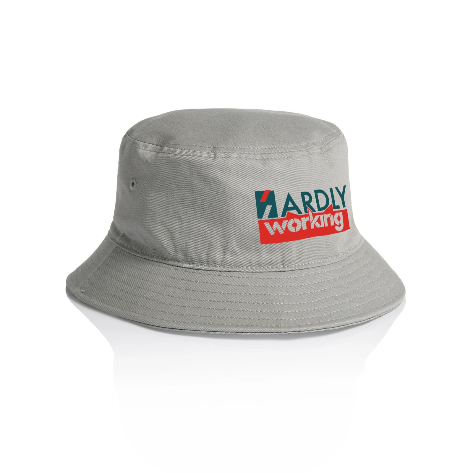 Grey bucket hat with Hardly Working Hat graphic by Lonely Kids Club
