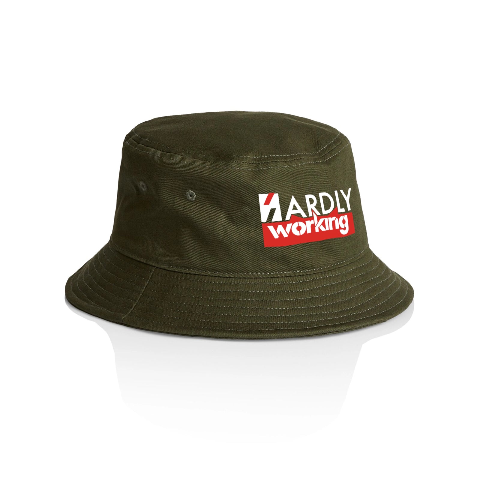 Army bucket hat with Hardly Working Hat graphic by Lonely Kids Club