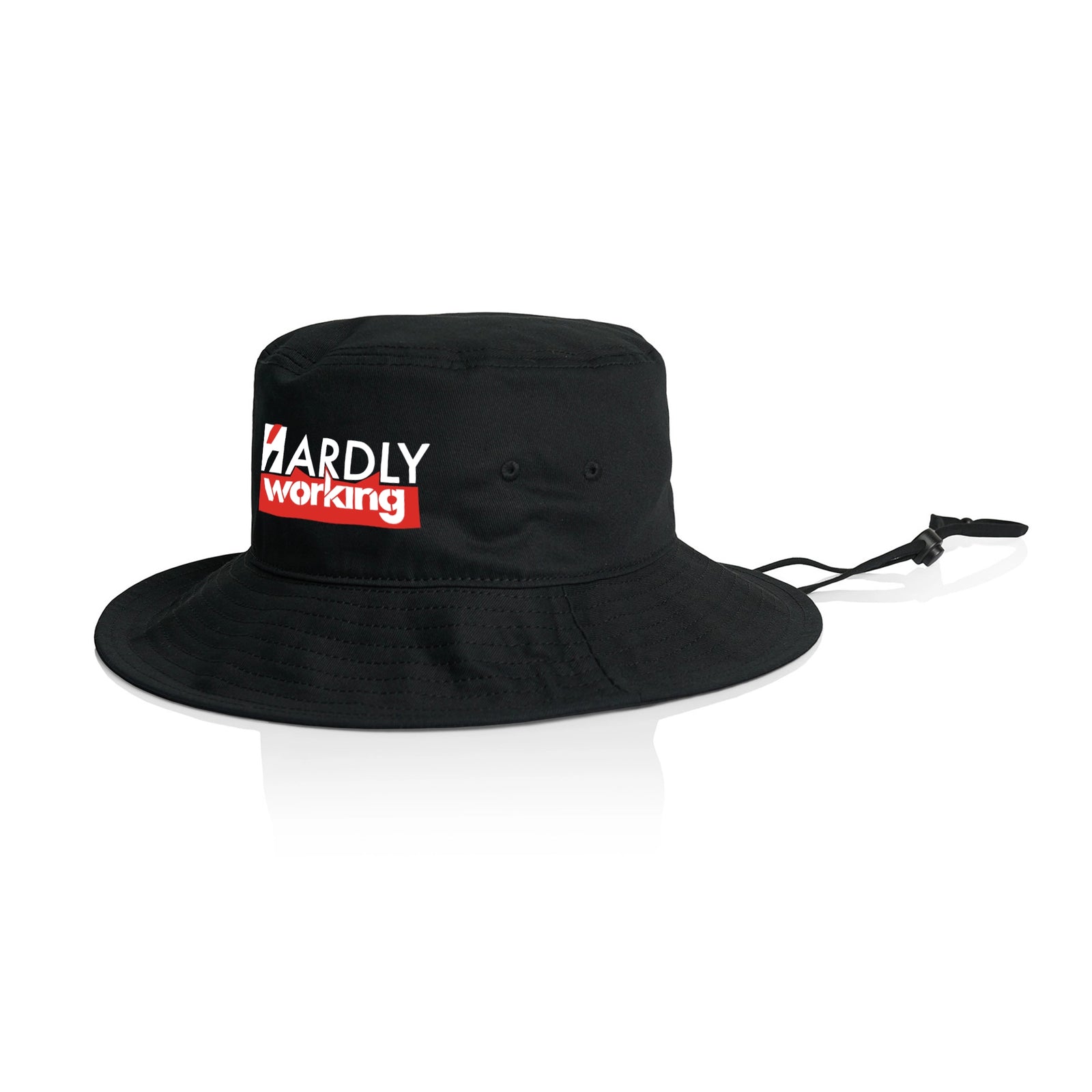 Black sun hat with Hardly Working Hat graphic by Lonely Kids Club