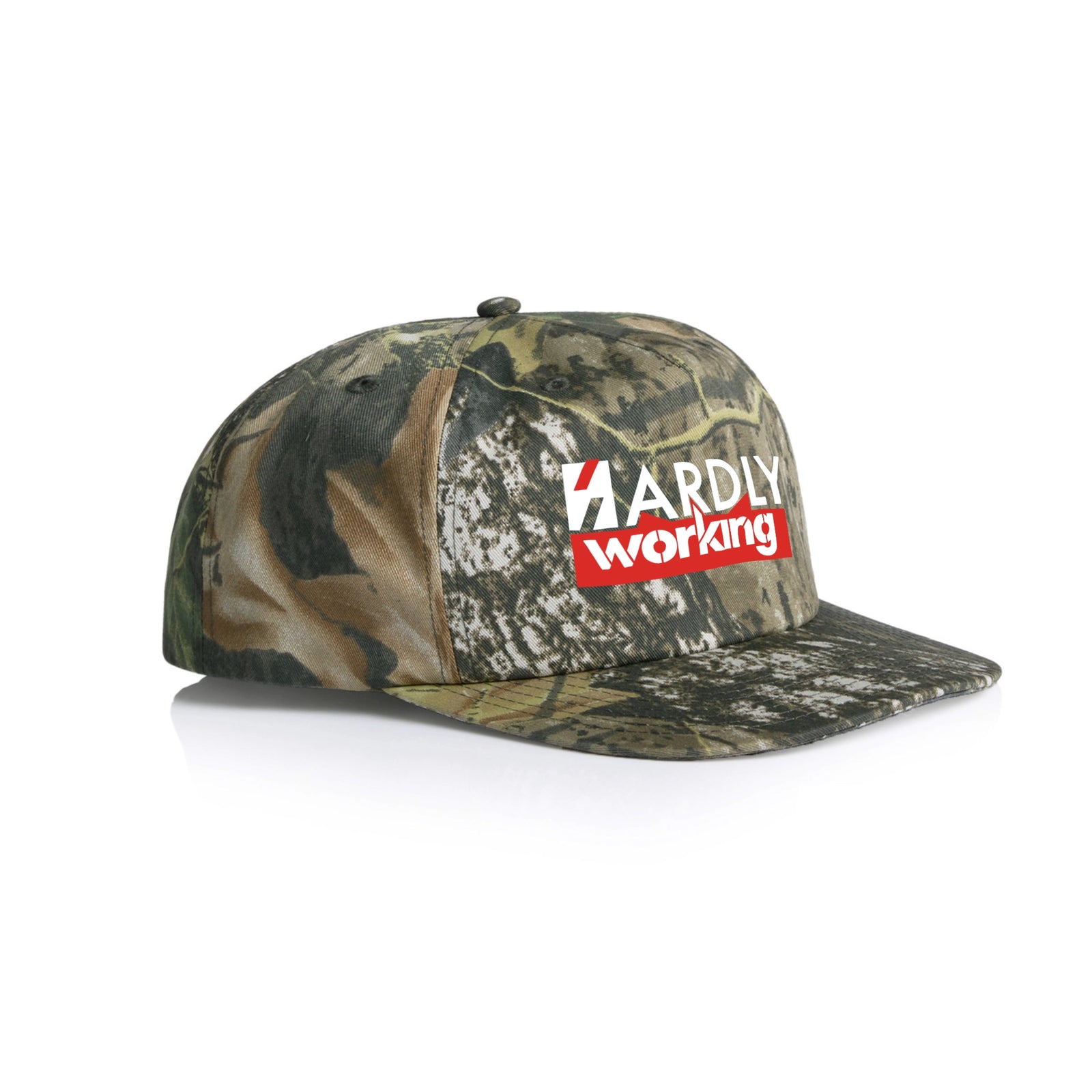 Camouflage active cap with Hardly Working Hat graphic by Lonely Kids Club