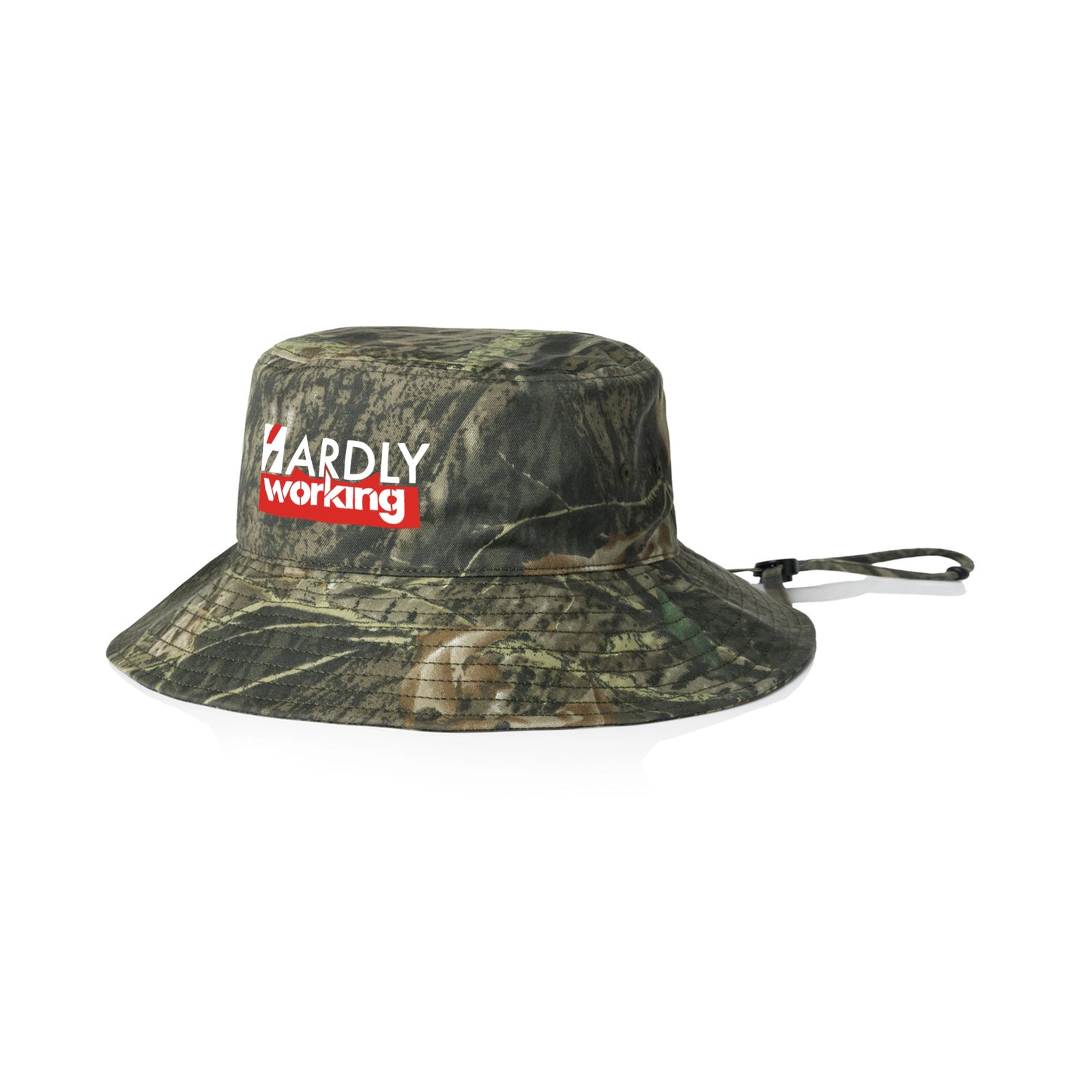 Camouflage sun hat with Hardly Working Hat graphic by Lonely Kids Club