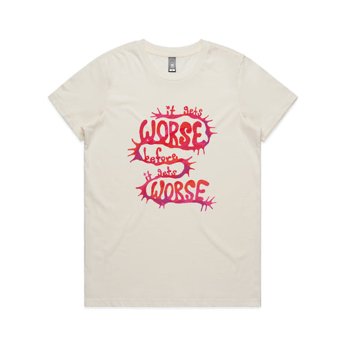It Gets Worse Tee by Lonely Kids Club. All clothing from our T-shirts to our shorts and hoodies are ethically made, and printed packed and shipped from Sydney.