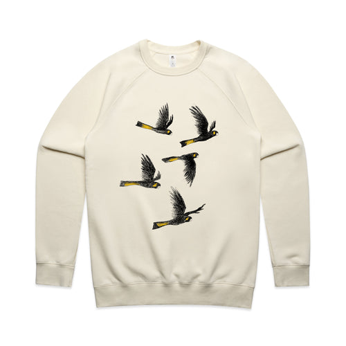 Yellow Tailed Black Cockatoos Jumper by Lonely Kids Club. All clothing from our T-shirts to our shorts and hoodies are ethically made, and printed packed and shipped from Sydney.