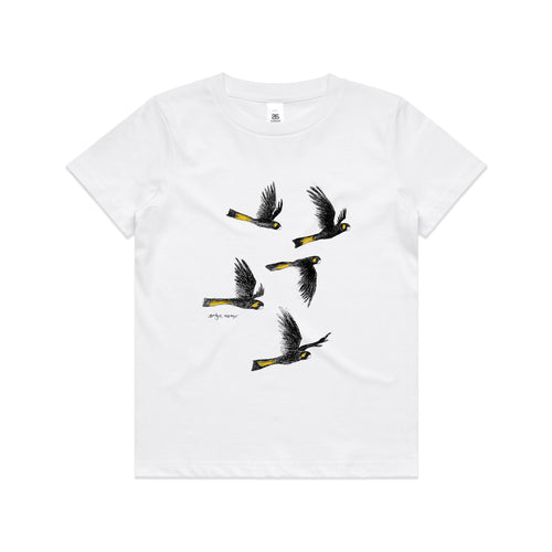Yellow Tailed Black Cockatoos Kids Tee by Lonely Kids Club. All clothing from our T-shirts to our shorts and hoodies are ethically made, and printed packed and shipped from Sydney.