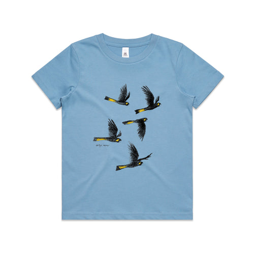 Yellow Tailed Black Cockatoos Kids Tee by Lonely Kids Club. All clothing from our T-shirts to our shorts and hoodies are ethically made, and printed packed and shipped from Sydney.