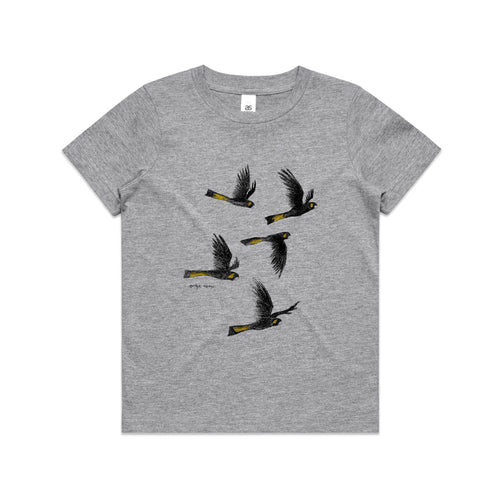 Yellow Tailed Black Cockatoos Kids Tee by Lonely Kids Club. All clothing from our T-shirts to our shorts and hoodies are ethically made, and printed packed and shipped from Sydney.