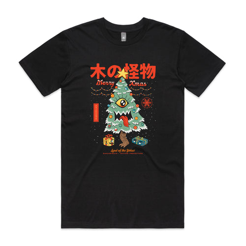 Yokai Xmas Tree Tee by Lonely Kids Club. All clothing from our T-shirts to our shorts and hoodies are ethically made, and printed packed and shipped from Sydney.
