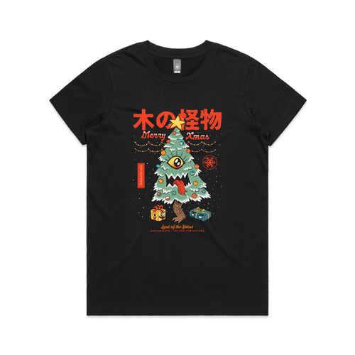 Yokai Xmas Tree Tee by Lonely Kids Club. All clothing from our T-shirts to our shorts and hoodies are ethically made, and printed packed and shipped from Sydney.