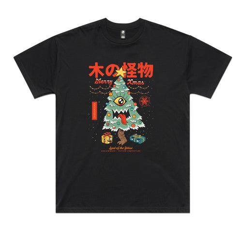 Yokai Xmas Tree Tee by Lonely Kids Club. All clothing from our T-shirts to our shorts and hoodies are ethically made, and printed packed and shipped from Sydney.