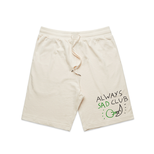 Always Sad Club Shorts by Lonely Kids Club. All clothing from our T-shirts to our shorts and hoodies are ethically made, and printed packed and shipped from Sydney.