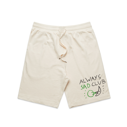 Always Sad Club Shorts by Lonely Kids Club. All clothing from our T-shirts to our shorts and hoodies are ethically made, and printed packed and shipped from Sydney.