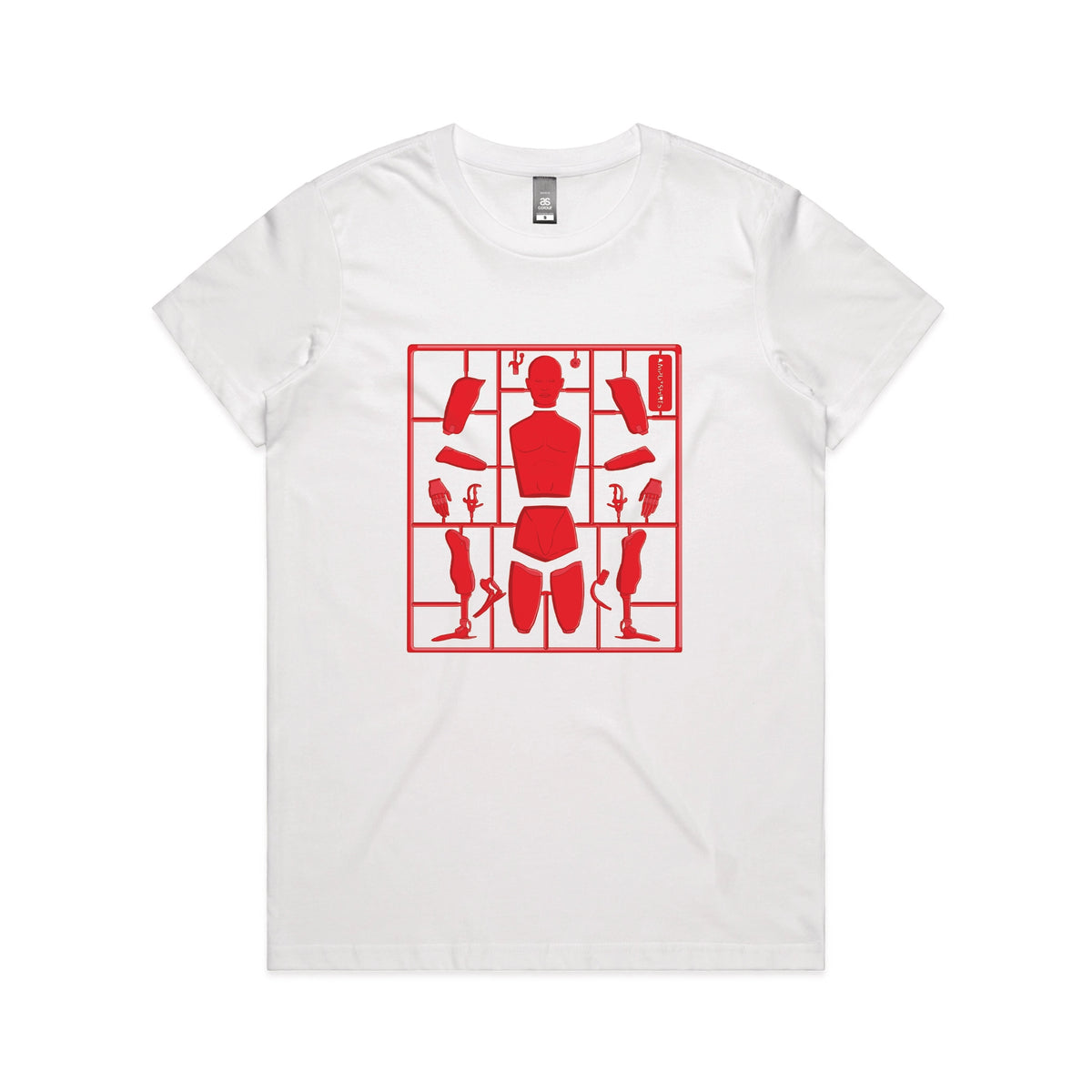 White fitted womens t-shirt with Some Assembly Required graphic by Lonely Kids Club