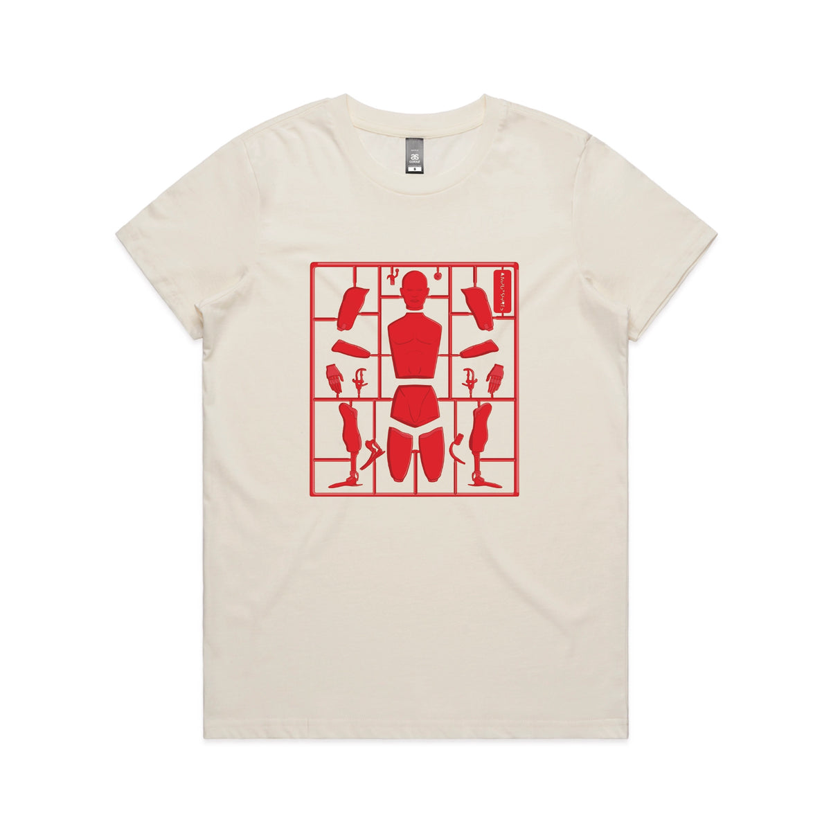 Ecru fitted womens t-shirt with Some Assembly Required graphic by Lonely Kids Club