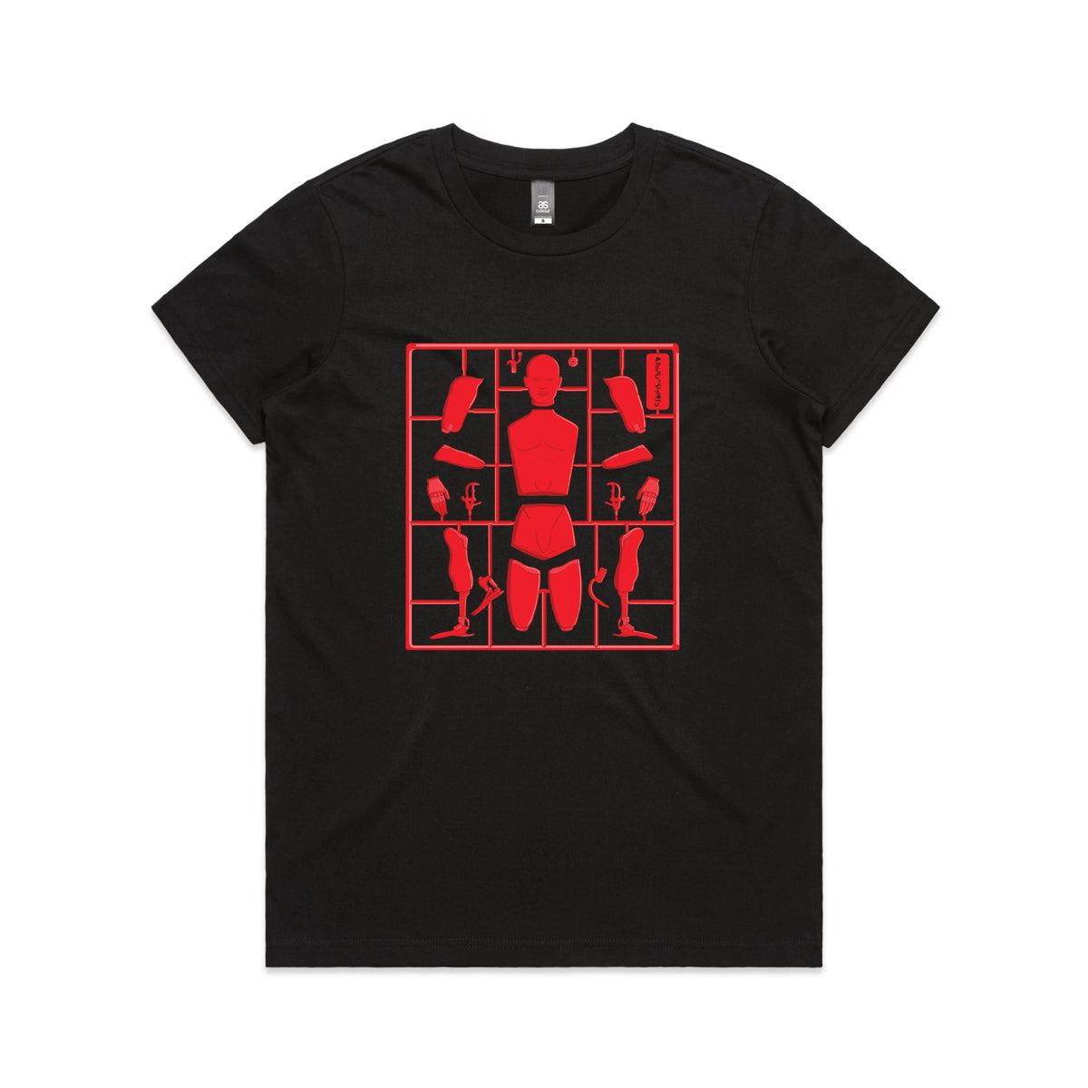 Black fitted womens t-shirt with Some Assembly Required graphic by Lonely Kids Club