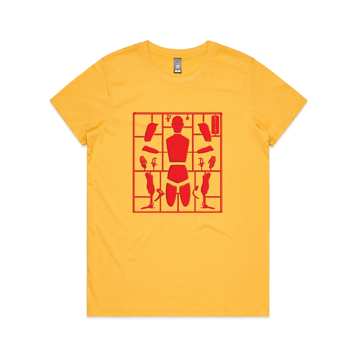 Yellow fitted womens t-shirt with Some Assembly Required graphic by Lonely Kids Club