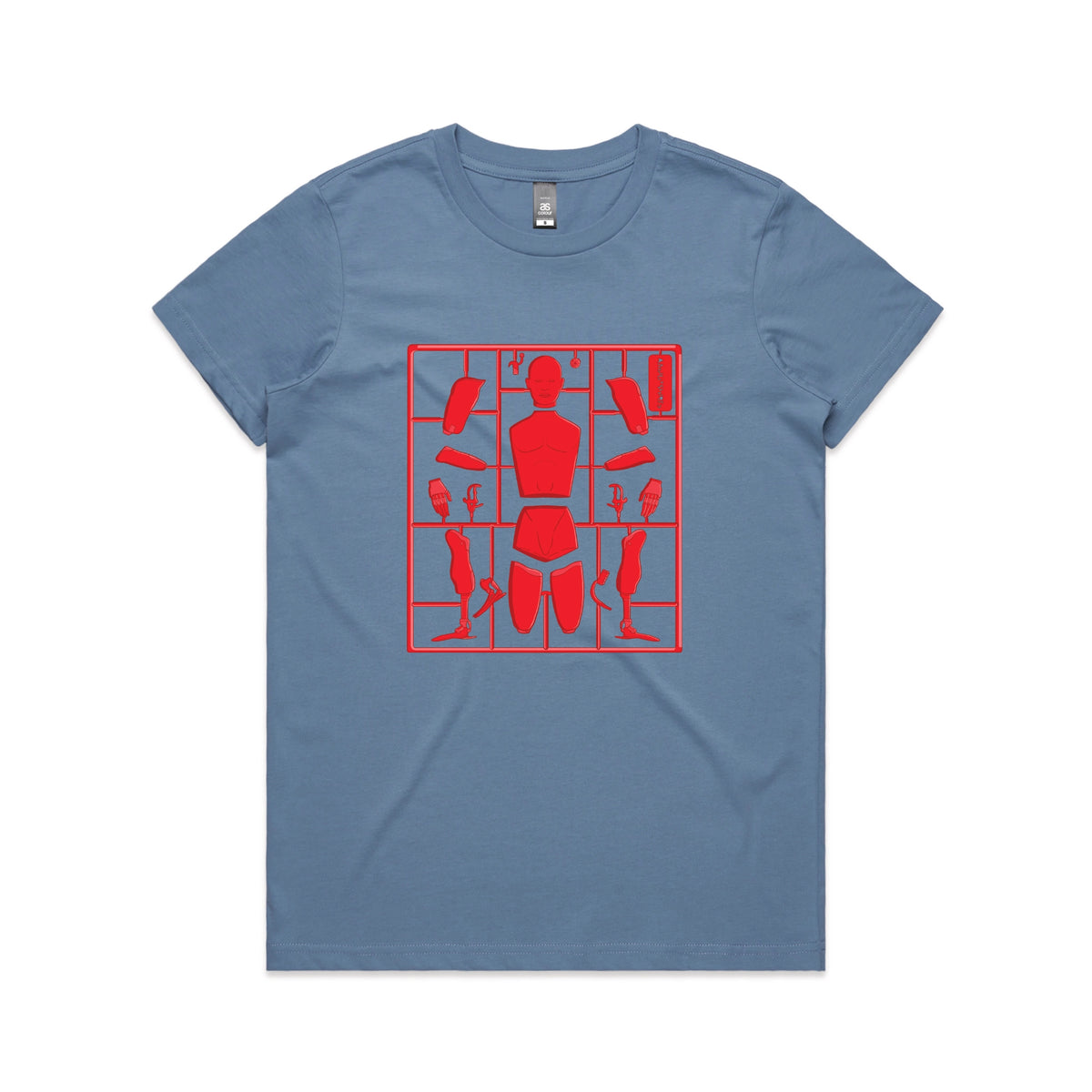 Carolina Blue fitted womens t-shirt with Some Assembly Required graphic by Lonely Kids Club