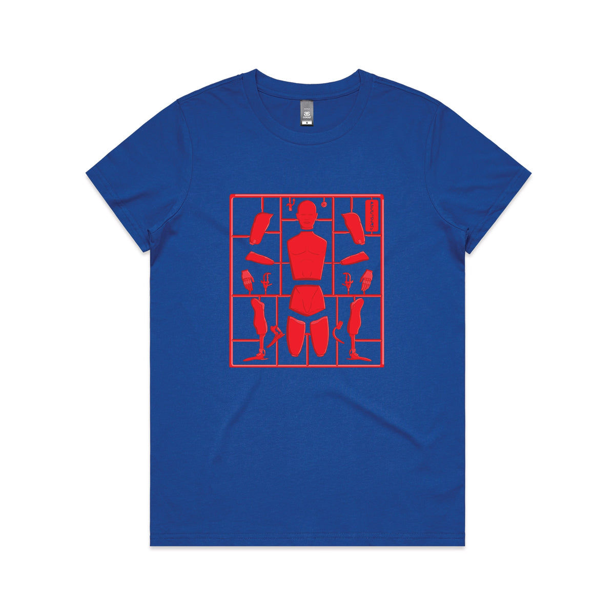 Royal Blue fitted womens t-shirt with Some Assembly Required graphic by Lonely Kids Club