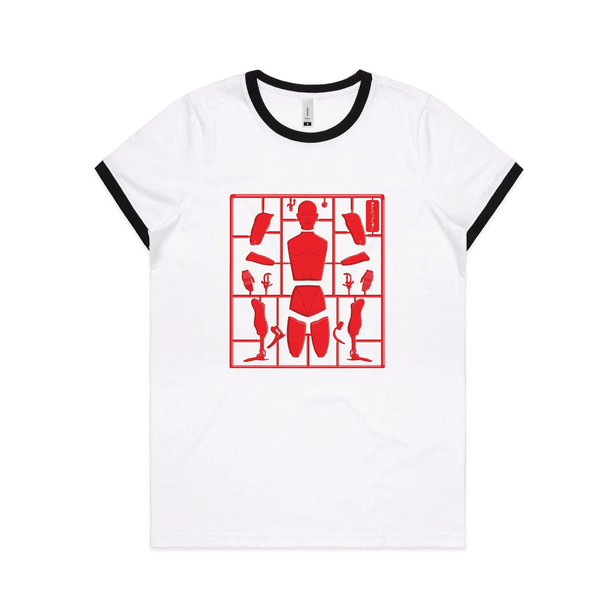 Black/White Ringer fitted womens t-shirt with Some Assembly Required graphic by Lonely Kids Club