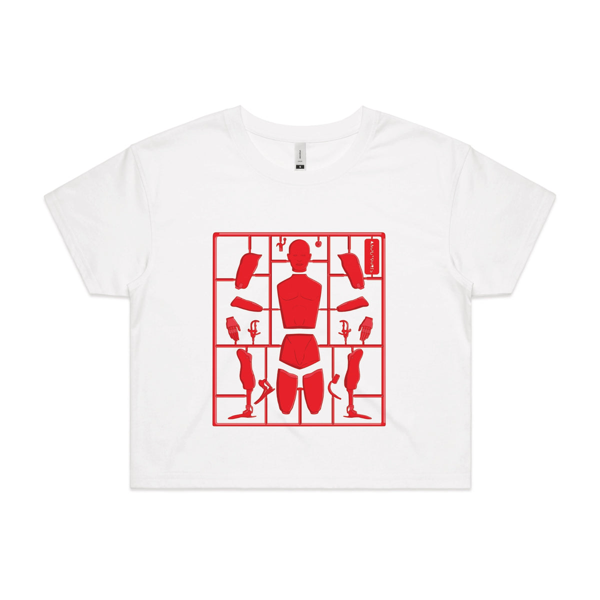 White crop top with Some Assembly Required graphic by Lonely Kids Club