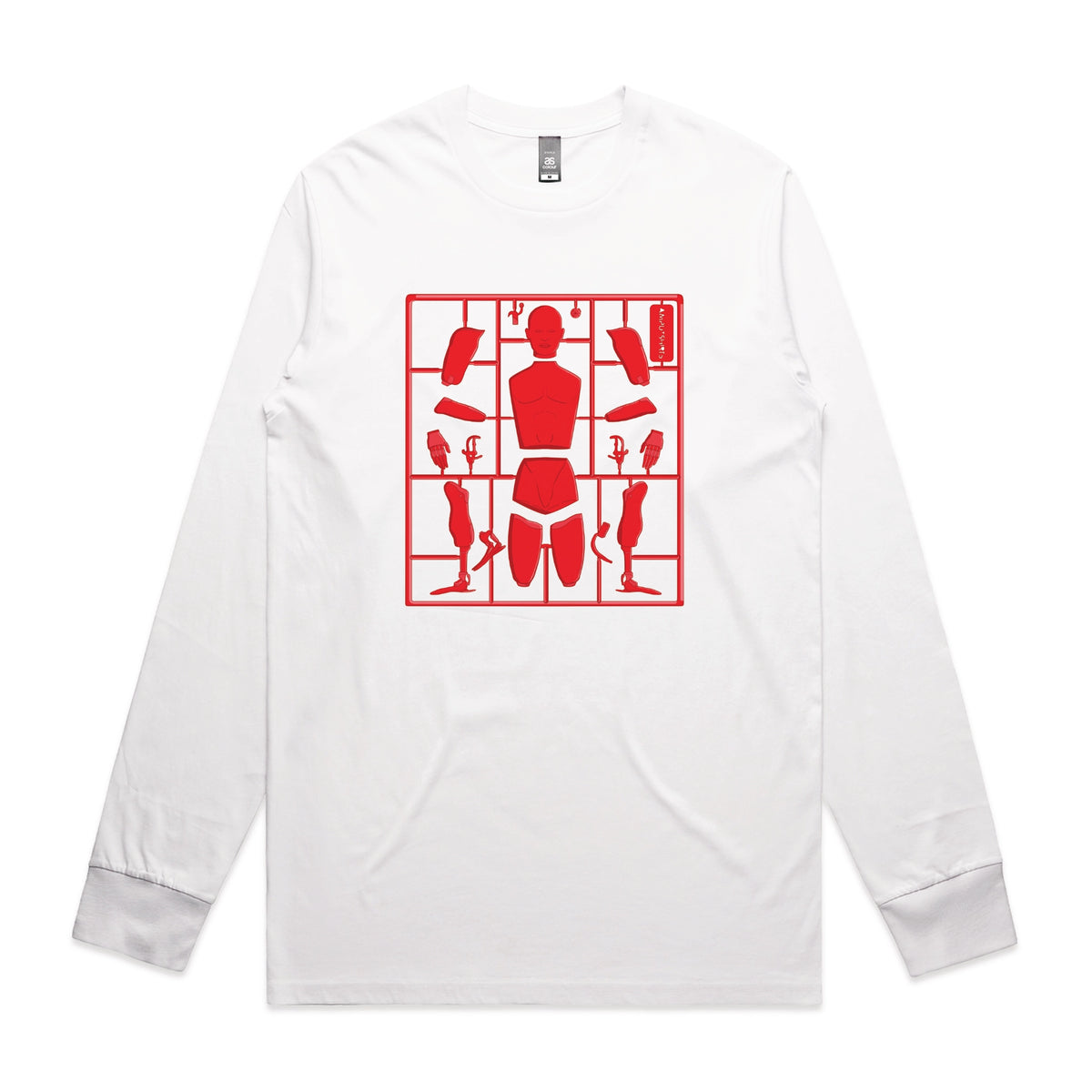 White long sleeve t-shirt with Some Assembly Required graphic by Lonely Kids Club