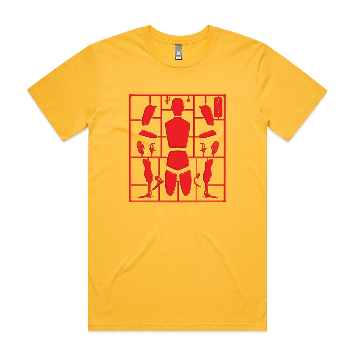 Yellow unisex t-shirt with Some Assembly Required graphic by Lonely Kids Club