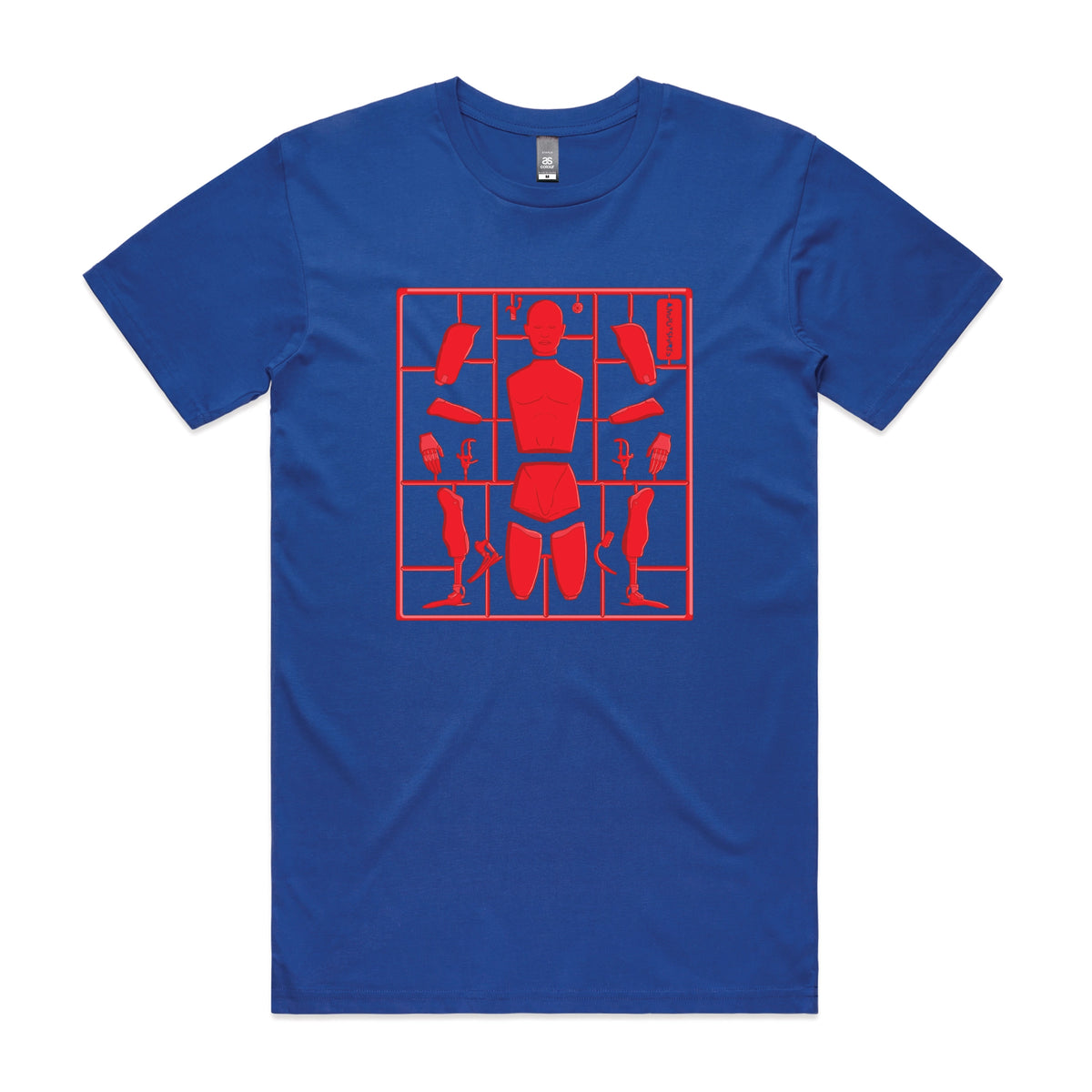 Royal Blue unisex t-shirt with Some Assembly Required graphic by Lonely Kids Club