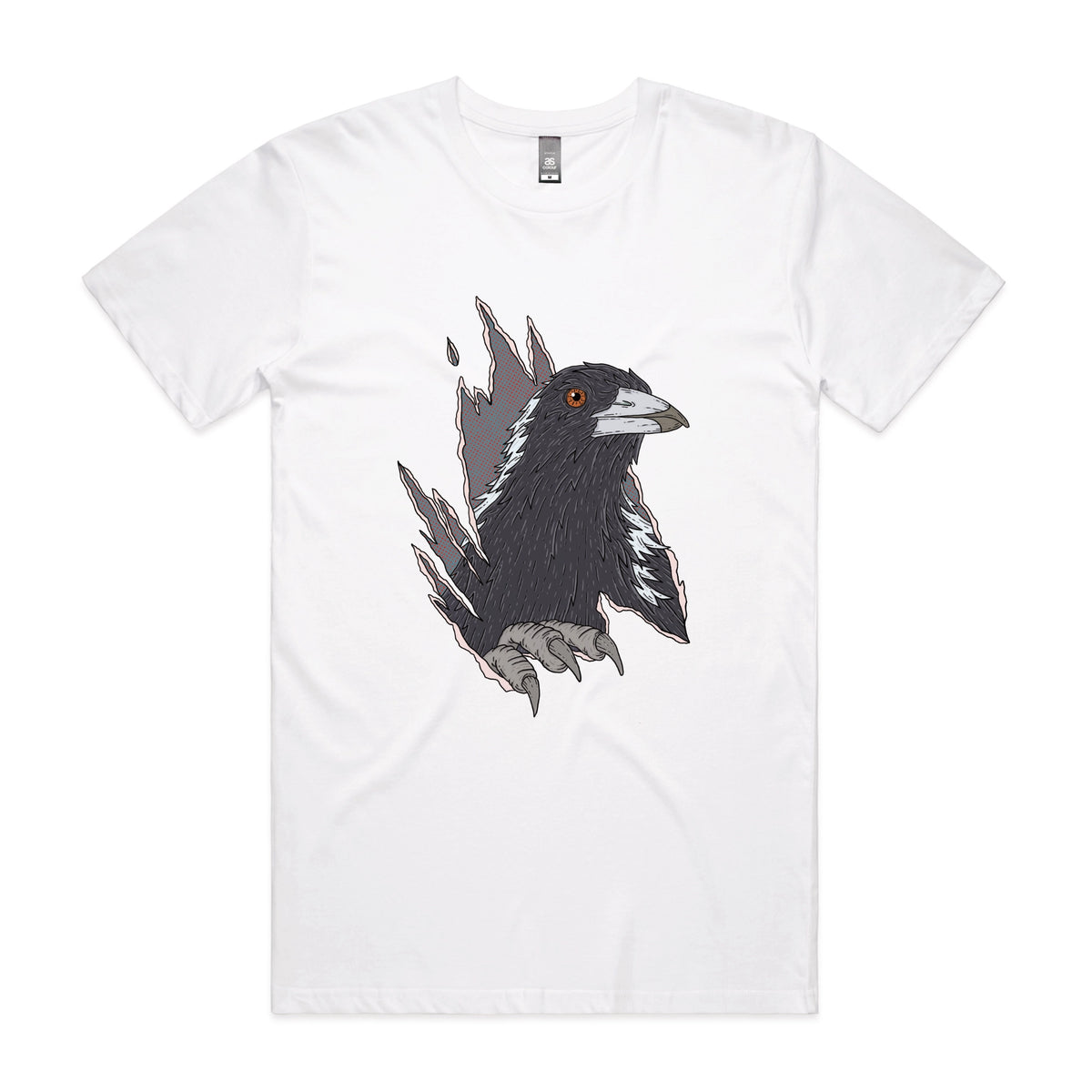 White unisex t-shirt with Magpie Attack graphic by Lonely Kids Club