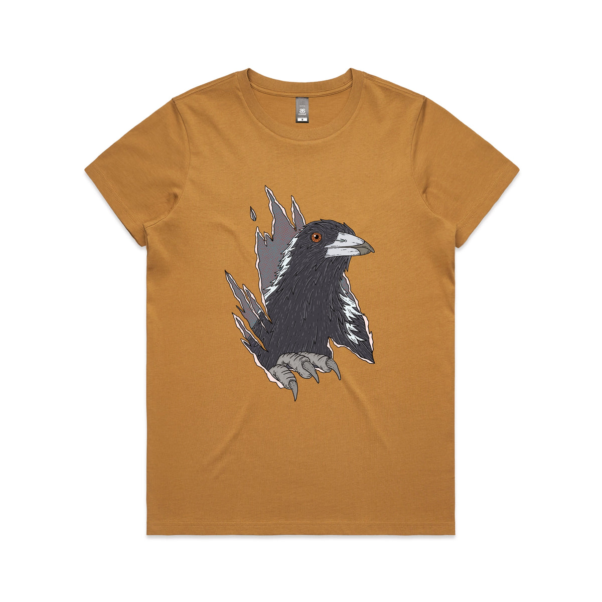 Camel fitted womens t-shirt with Magpie Attack graphic by Lonely Kids Club