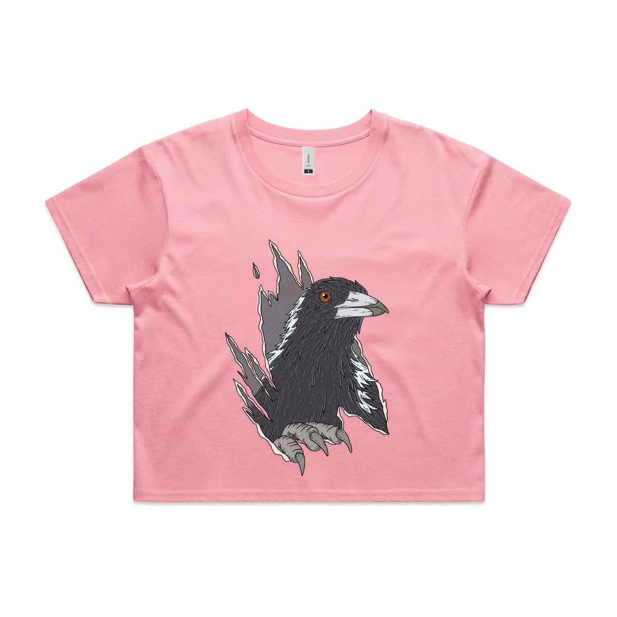 Bubblegum crop top with Magpie Attack graphic by Lonely Kids Club