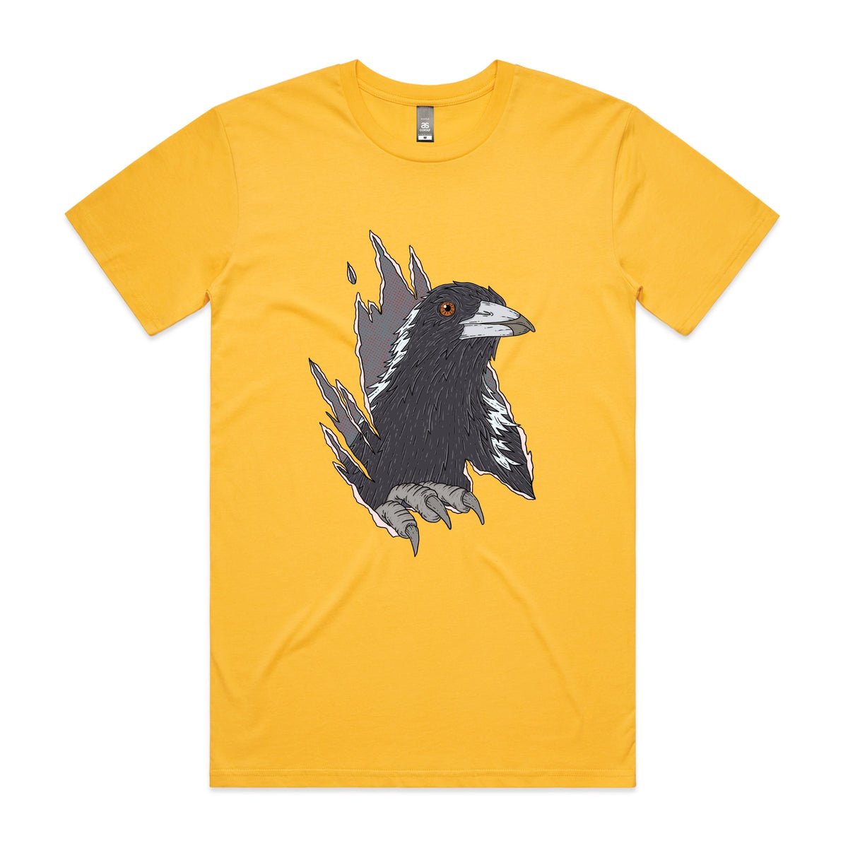 Yellow unisex t-shirt with Magpie Attack graphic by Lonely Kids Club