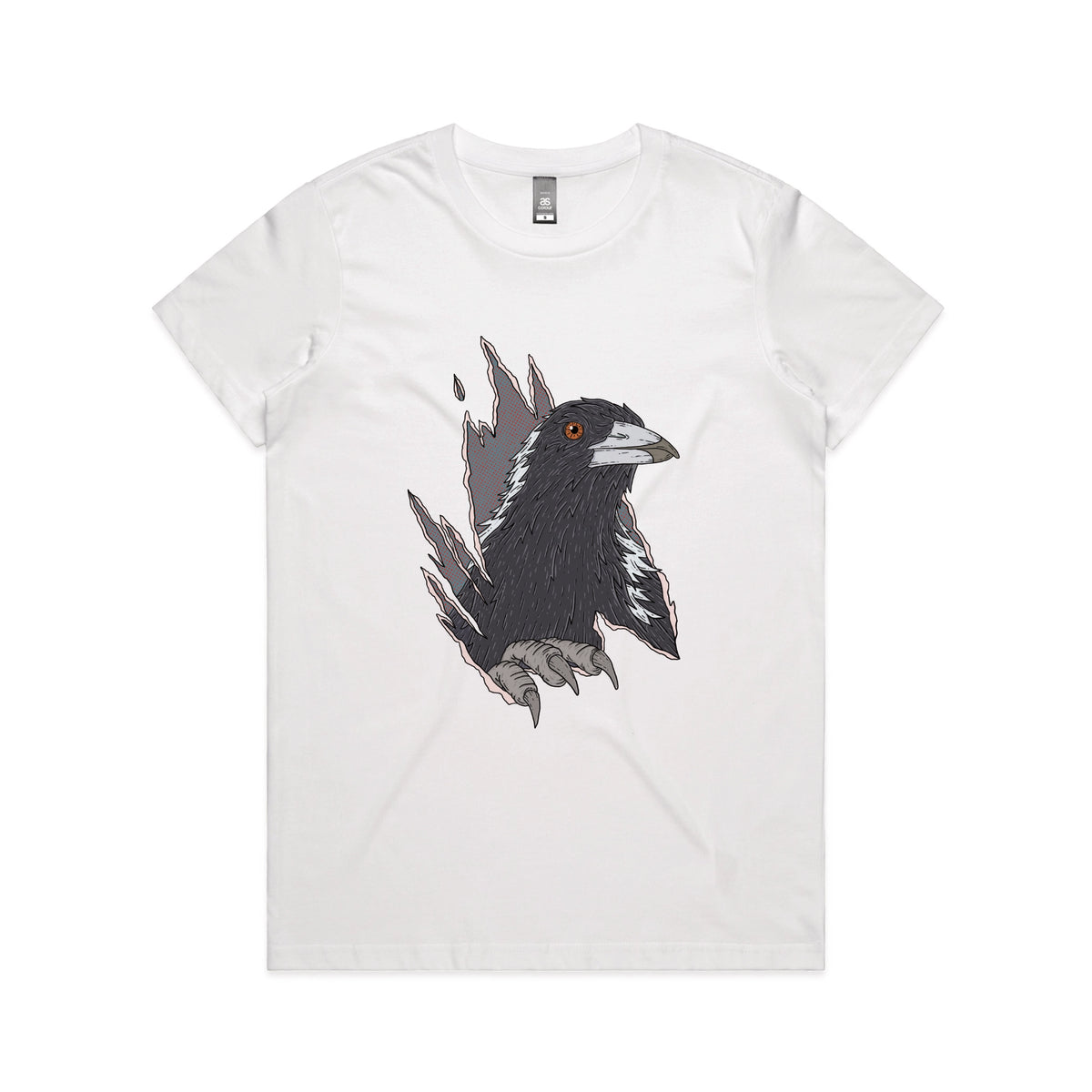 White fitted womens t-shirt with Magpie Attack graphic by Lonely Kids Club