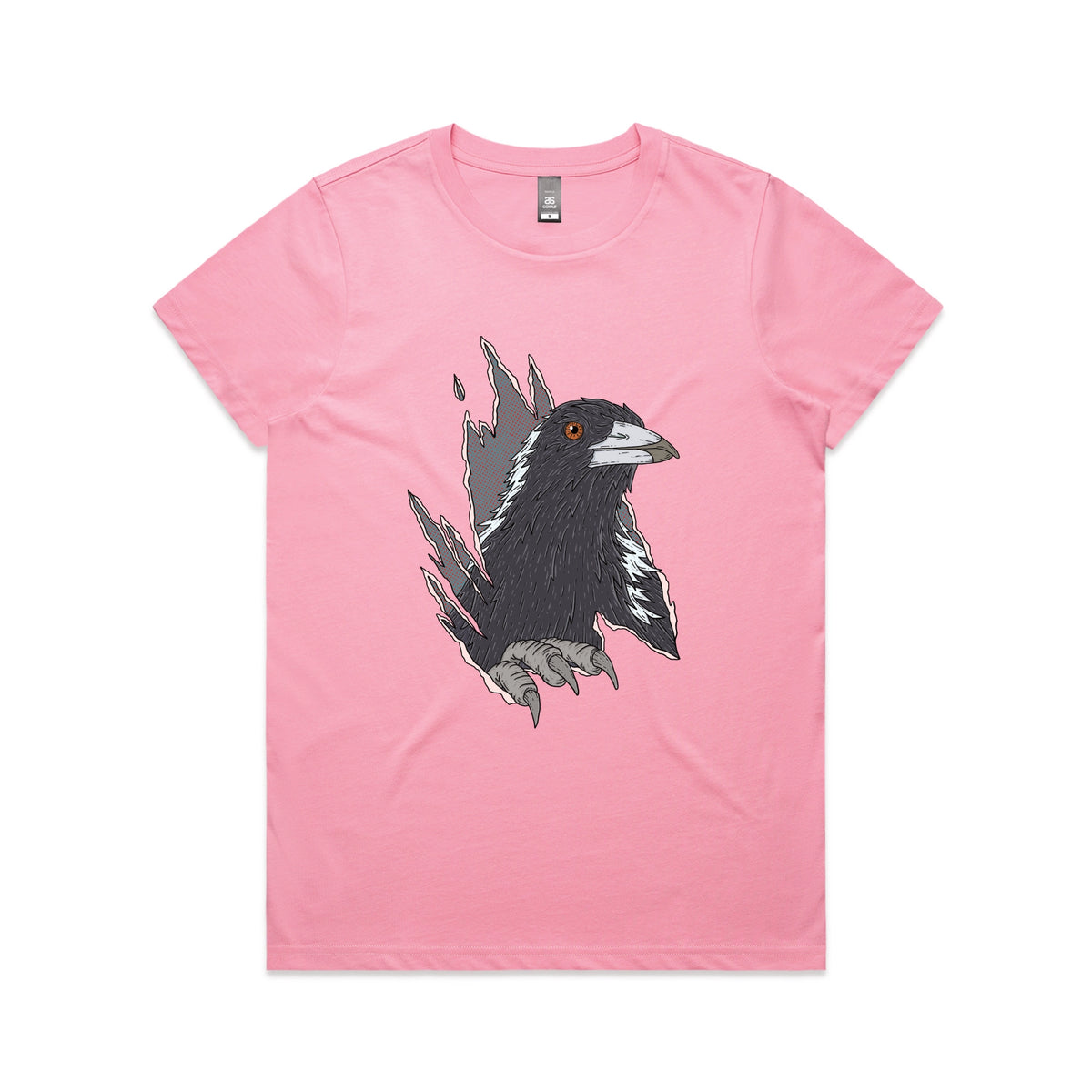 Bubblegum fitted womens t-shirt with Magpie Attack graphic by Lonely Kids Club
