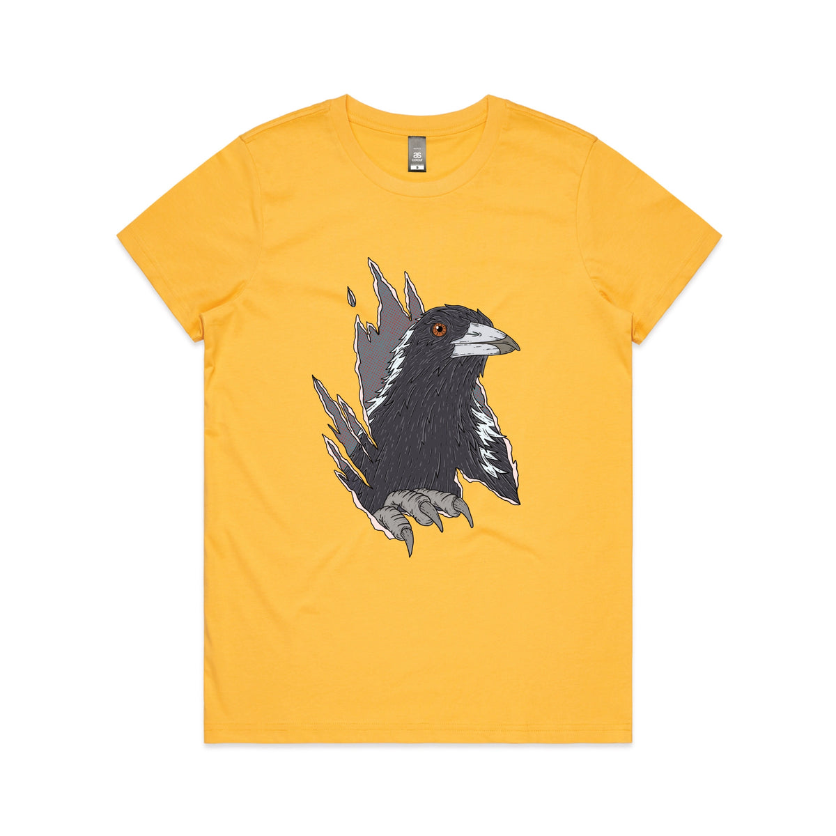 Yellow fitted womens t-shirt with Magpie Attack graphic by Lonely Kids Club