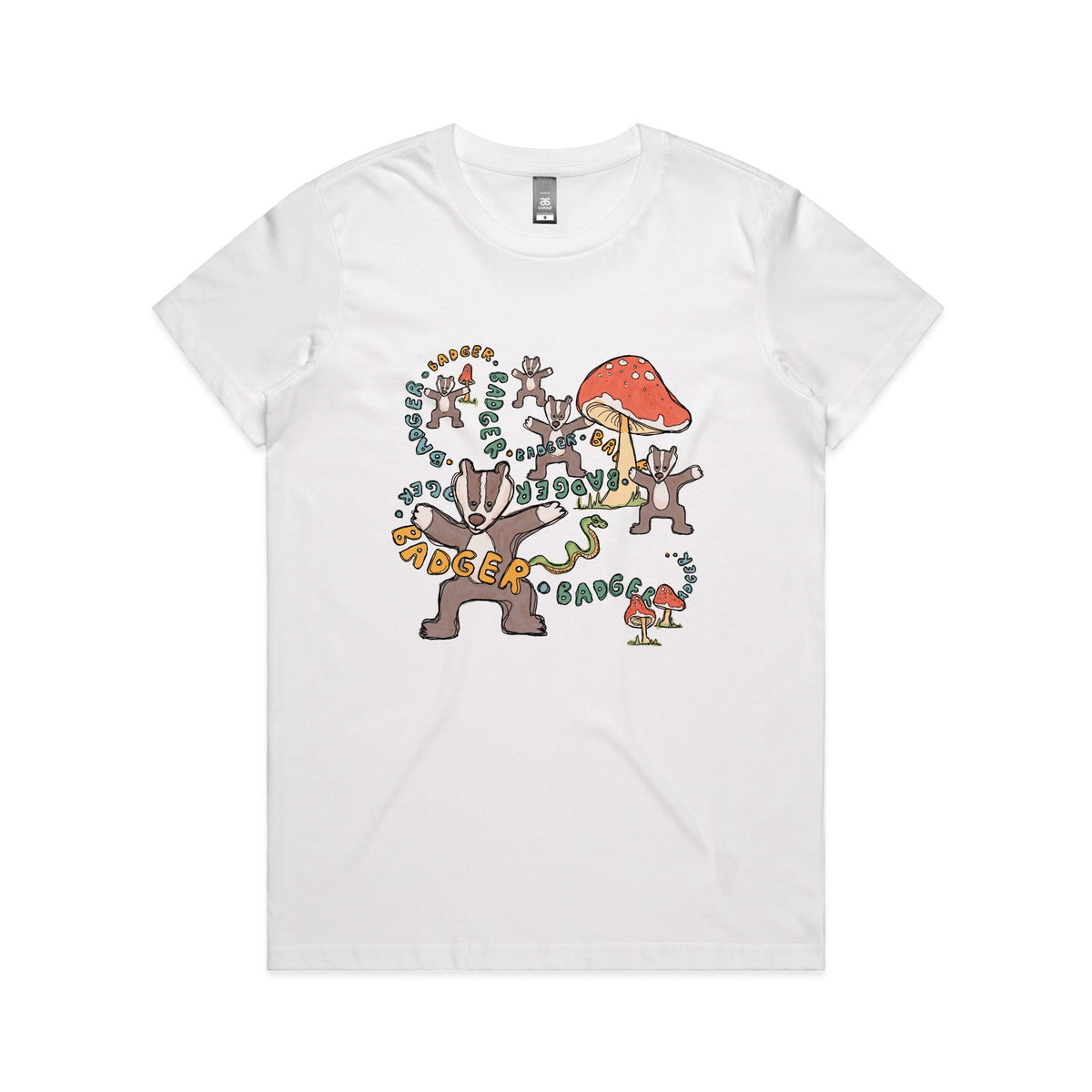 White fitted womens t-shirt with Badger Badger Badger graphic by Lonely Kids Club