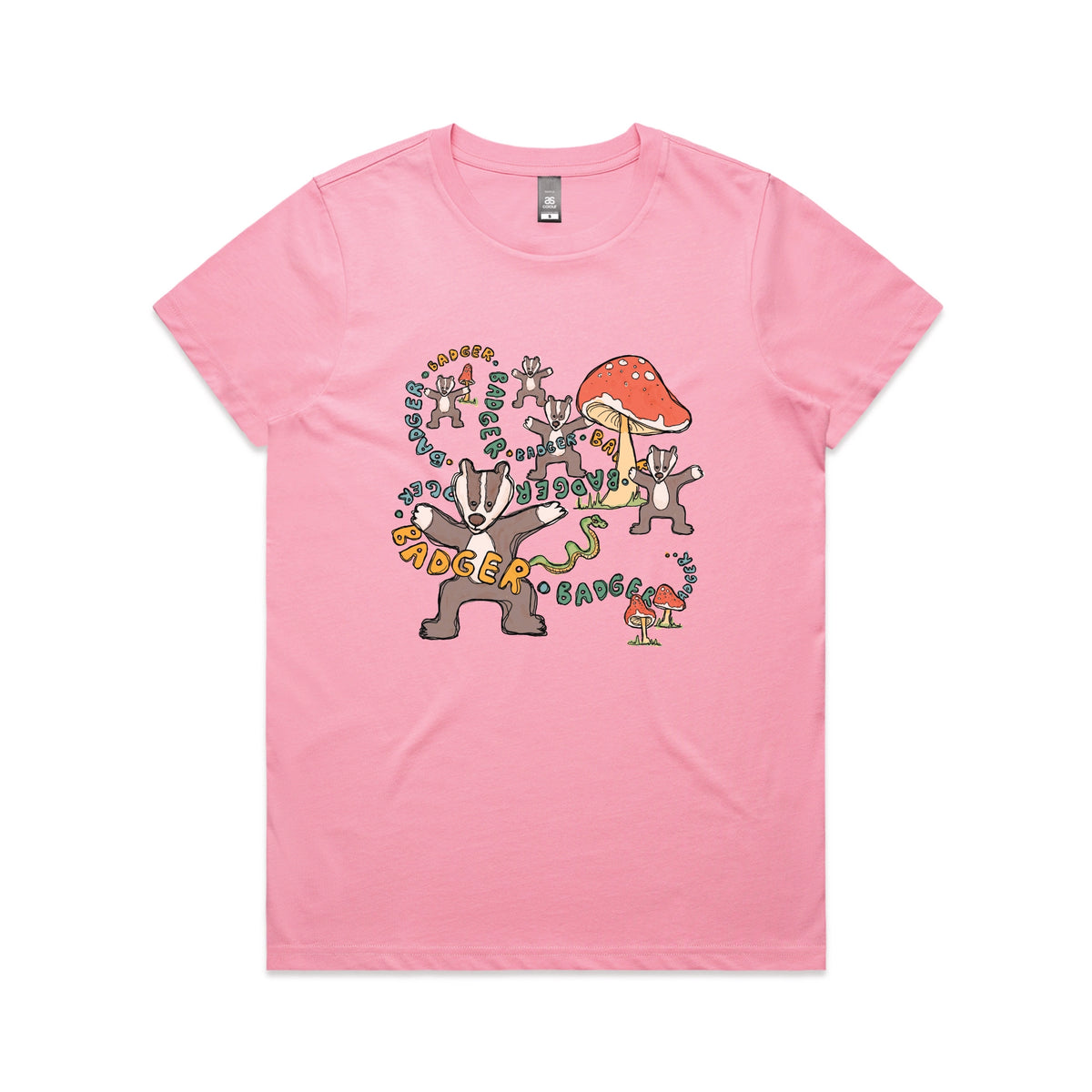 Bubblegum fitted womens t-shirt with Badger Badger Badger graphic by Lonely Kids Club