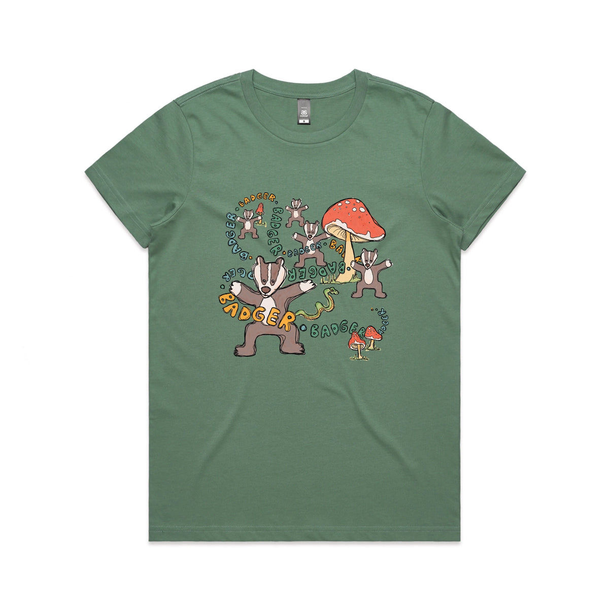 Sage fitted womens t-shirt with Badger Badger Badger graphic by Lonely Kids Club
