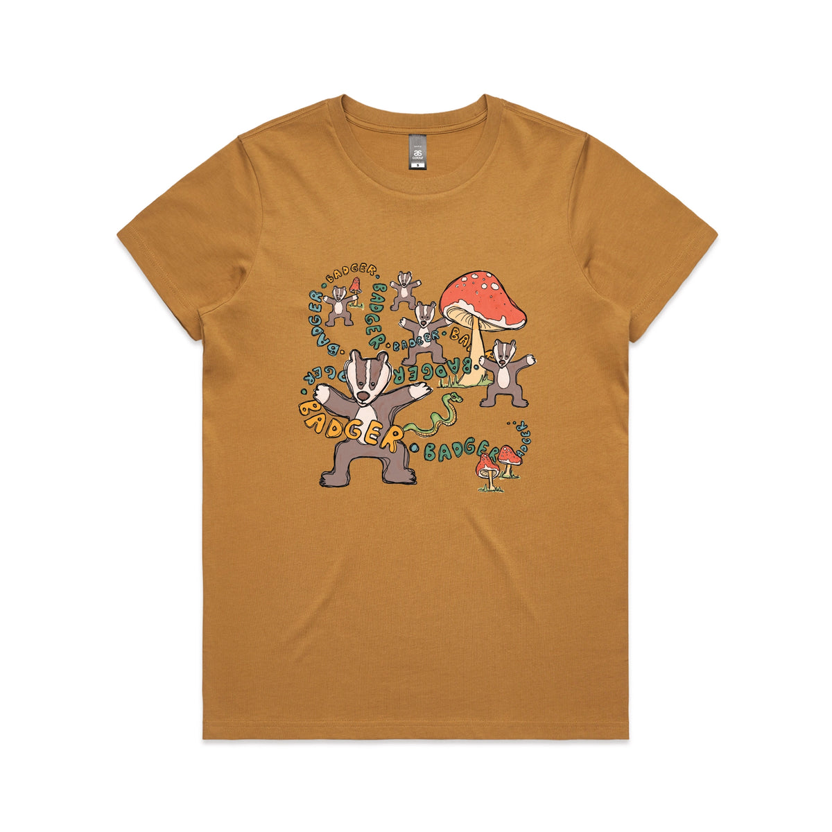Camel fitted womens t-shirt with Badger Badger Badger graphic by Lonely Kids Club