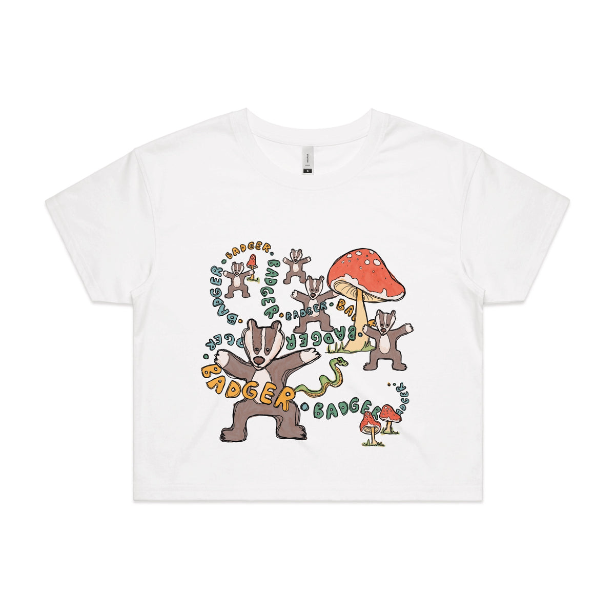 White crop top with Badger Badger Badger graphic by Lonely Kids Club