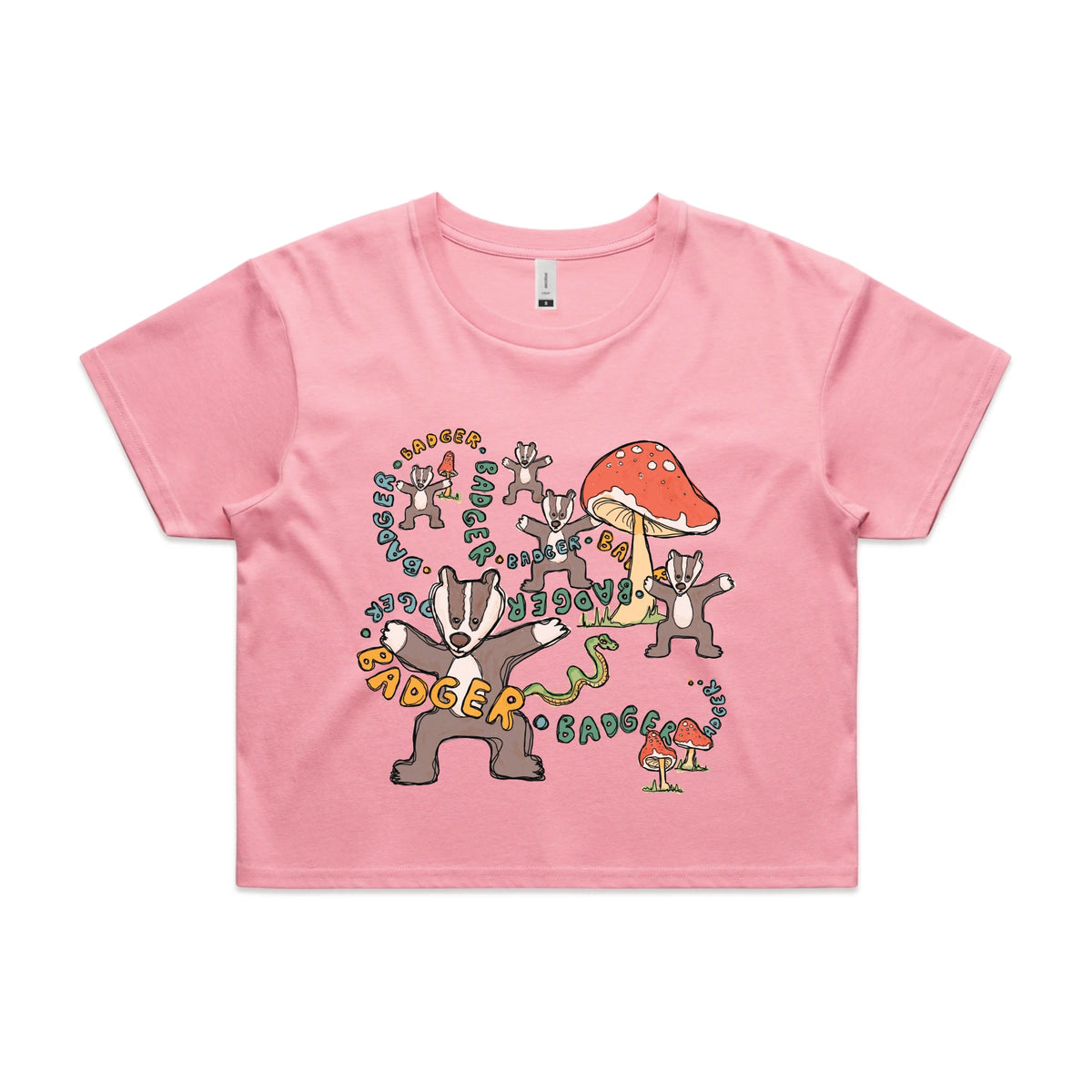 Bubblegum crop top with Badger Badger Badger graphic by Lonely Kids Club