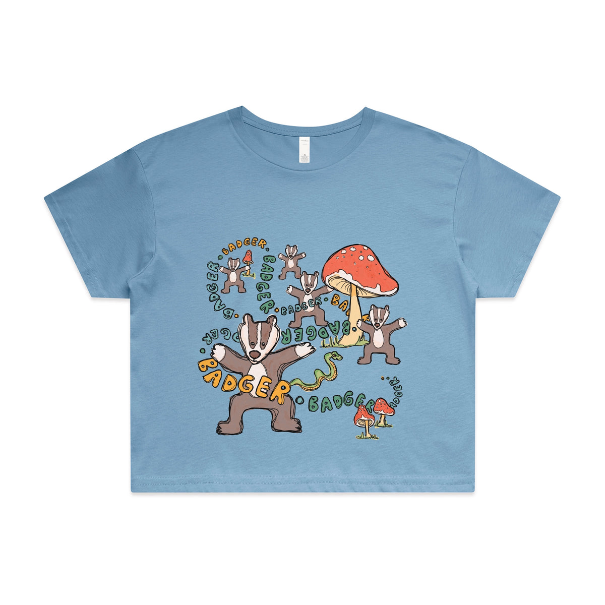 Carolina Blue crop top with Badger Badger Badger graphic by Lonely Kids Club