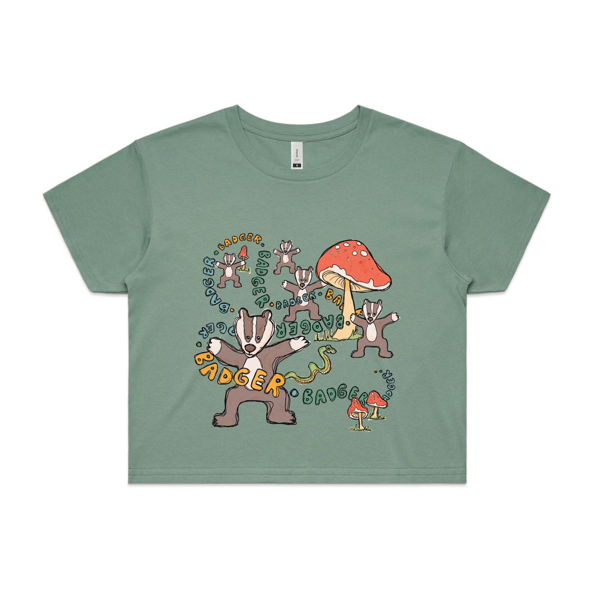 Sage crop top with Badger Badger Badger graphic by Lonely Kids Club