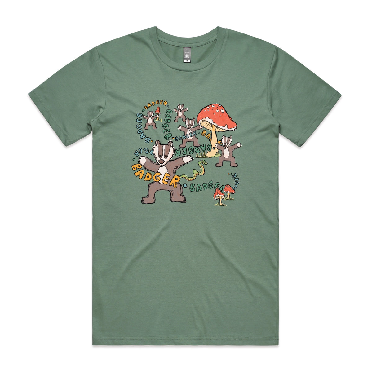 Sage unisex t-shirt with Badger Badger Badger graphic by Lonely Kids Club