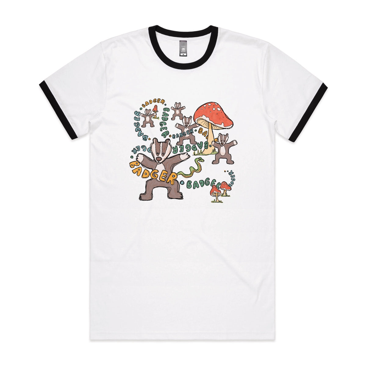 Black/White Ringer unisex t-shirt with Badger Badger Badger graphic by Lonely Kids Club