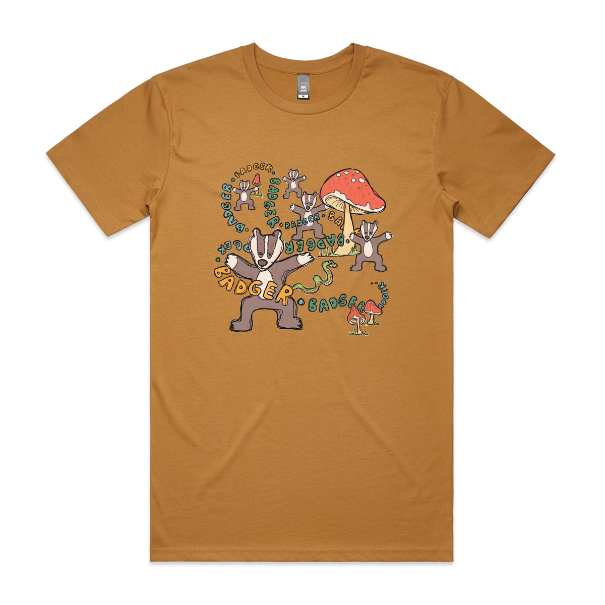 Camel unisex t-shirt with Badger Badger Badger graphic by Lonely Kids Club