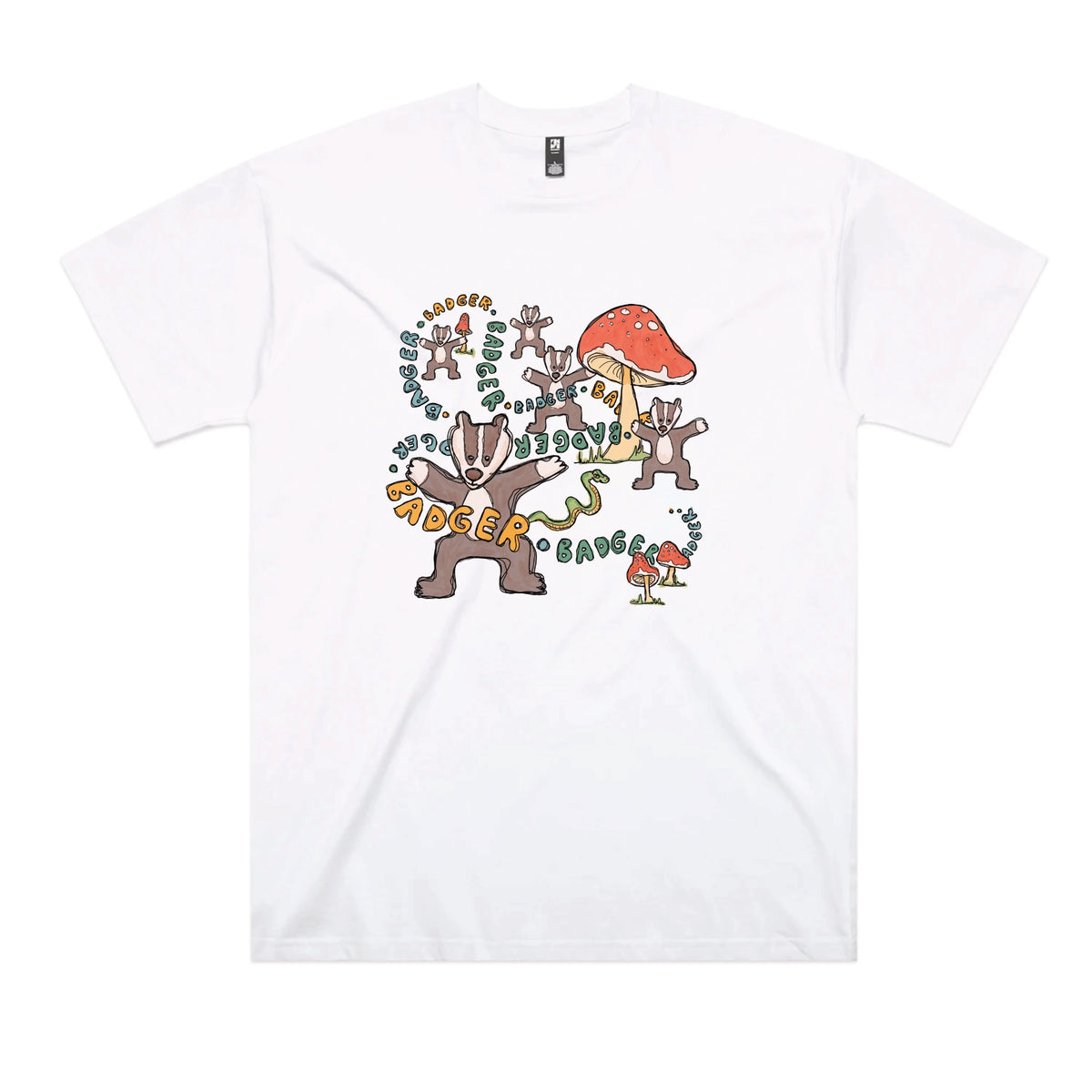 White oversized t-shirt with Badger Badger Badger graphic by Lonely Kids Club