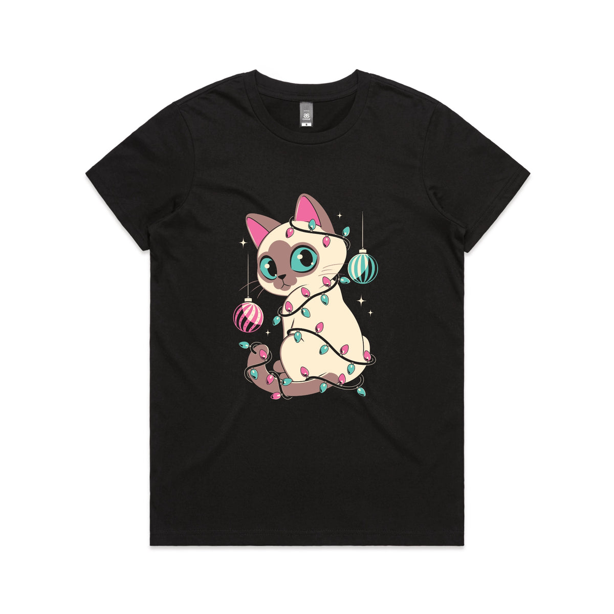 Black fitted womens t-shirt with Bauble Cat graphic by Lonely Kids Club